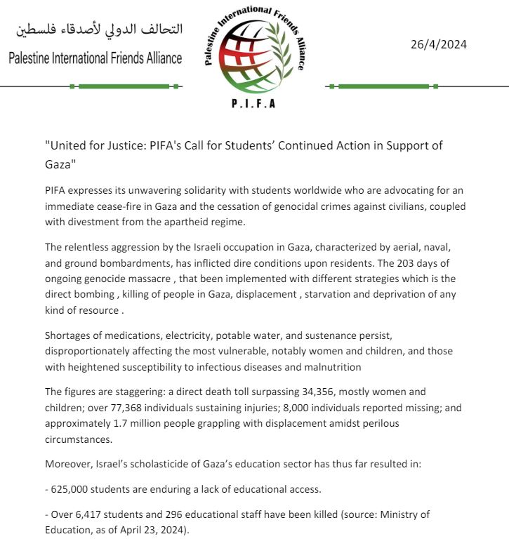 United for Justice: PIFA's Call for Students’ Continued Action in Support of Gaza